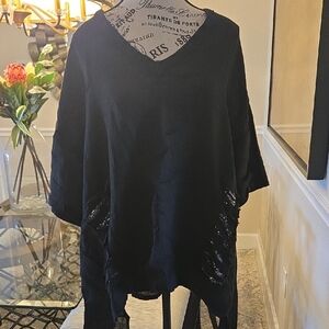 Linen Black Beaded Tunic Hi Lo Made In ITALY Silver Accents OS